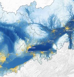 A map showing the Great Lakes - St. Lawrence River Watershed and the urban centers within it