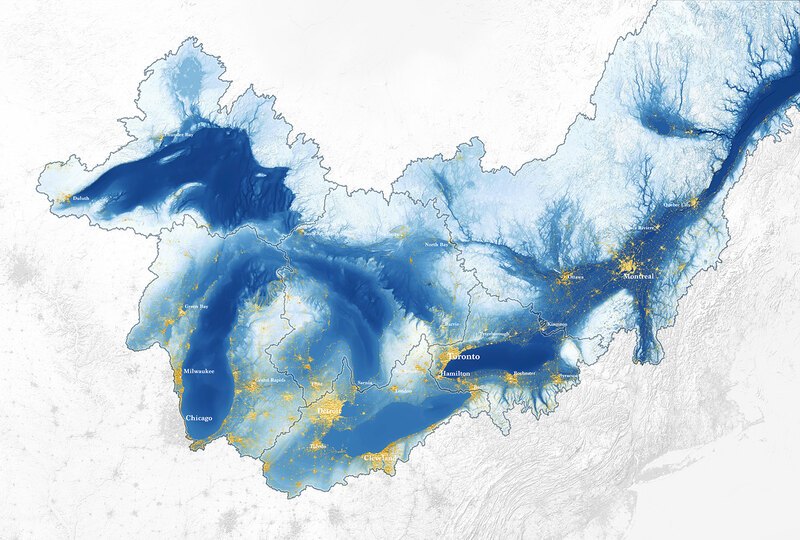 A map showing the Great Lakes - St. Lawrence River Watershed and the urban centers within it