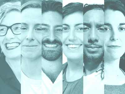 Six narrow vertical bands of the faces of the six 2026-27 LAF Fellows in black and white with a light blue overlay