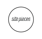 A black circle with the words "site pieces" written in a cursive font in the center